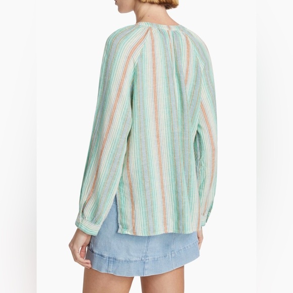 Rails Brielle Linen Top Green and White Tie Front Long Sleeve Blouse XXL NWT - Picture 3 of 12